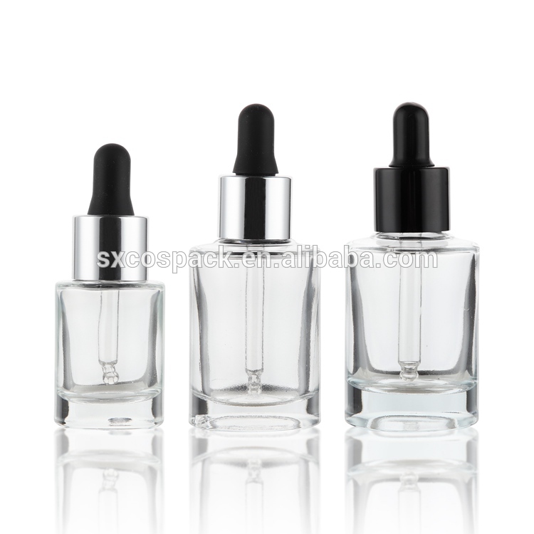 New Style 15ml 30ml clear essential oil dropper bottle with silver lid, wholesale Liquid foundation bottle with black lid