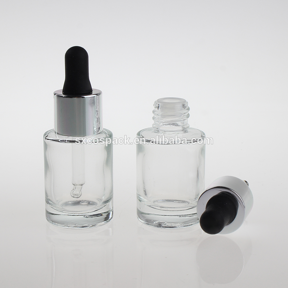 New Style 15ml 30ml clear essential oil dropper bottle with silver lid, wholesale Liquid foundation bottle with black lid