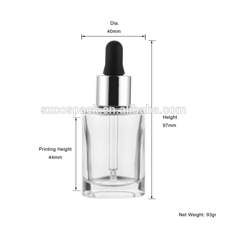 New Style 15ml 30ml clear essential oil dropper bottle with silver lid, wholesale Liquid foundation bottle with black lid