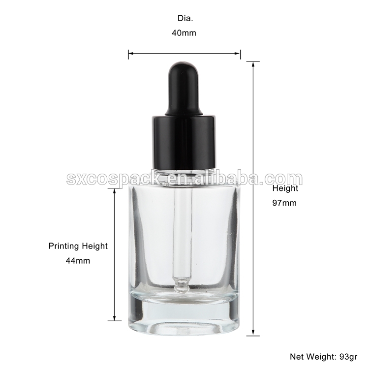 New Style 15ml 30ml clear essential oil dropper bottle with silver lid, wholesale Liquid foundation bottle with black lid