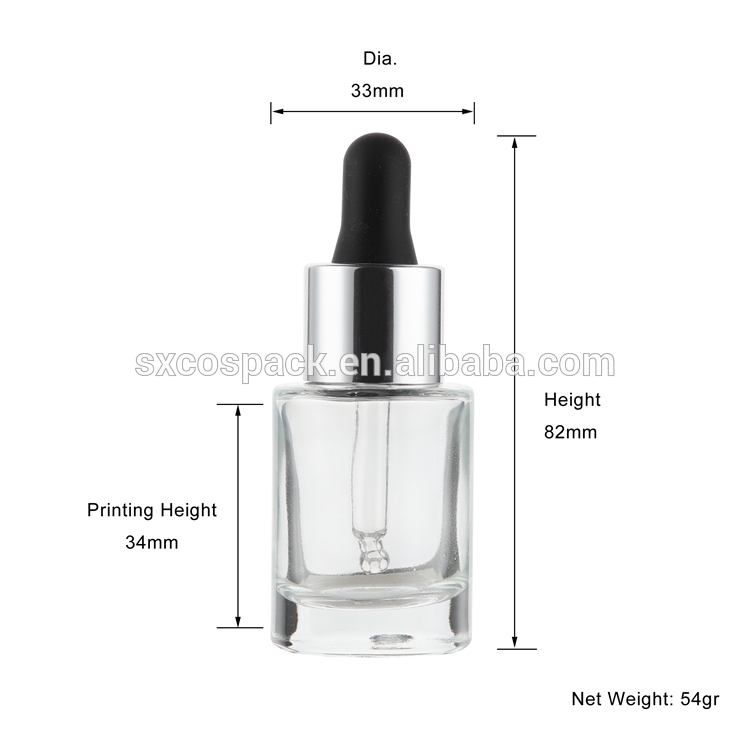 New Style 15ml 30ml clear essential oil dropper bottle with silver lid, wholesale Liquid foundation bottle with black lid