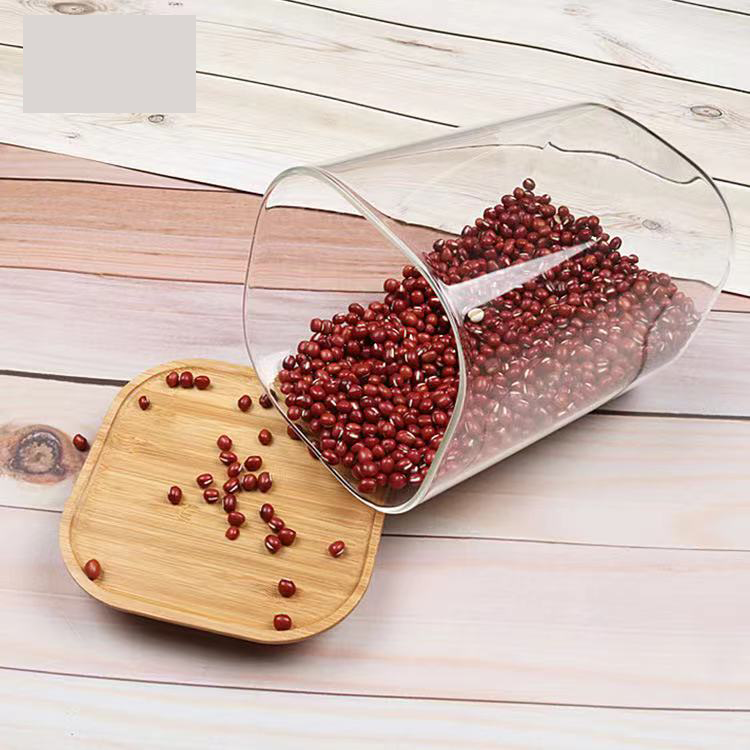 New Transparent Glass Sealed Jar Kitchen Food Storage Can Square Bamboo Lid Sealed Storage Can