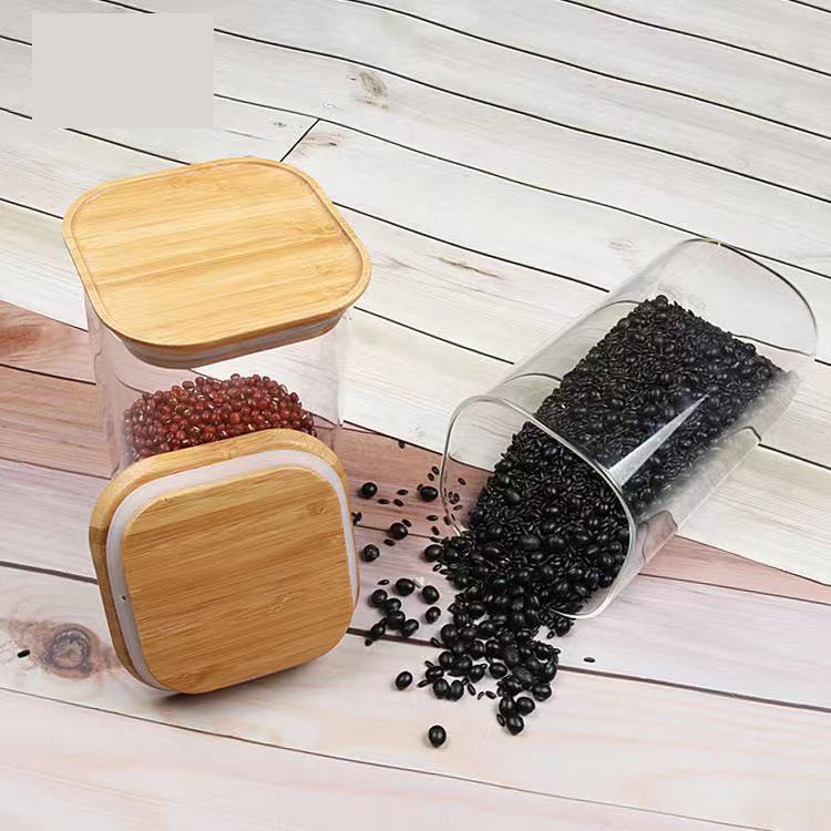 New Transparent Glass Sealed Jar Kitchen Food Storage Can Square Bamboo Lid Sealed Storage Can