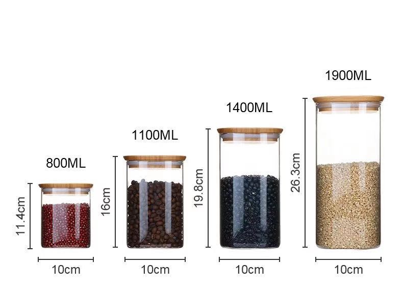 New Transparent Glass Sealed Jar Kitchen Food Storage Can Square Bamboo Lid Sealed Storage Can