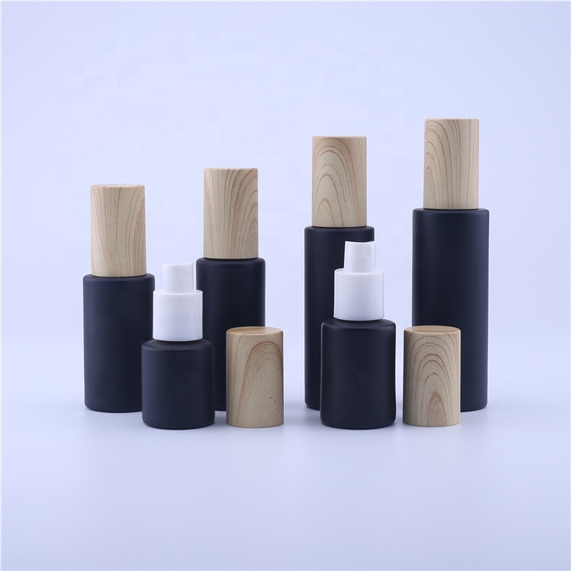 New Wood Grain Series Cosmetic Perfume Matte Black Glass Spray Cream Bottle Jar Straight Circle Shape 20-80ML