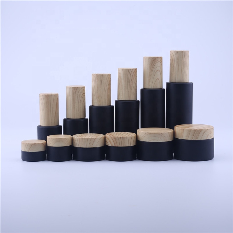 New Wood Grain Series Cosmetic Perfume Matte Black Glass Spray Cream Bottle Jar Straight Circle Shape 20-80ML