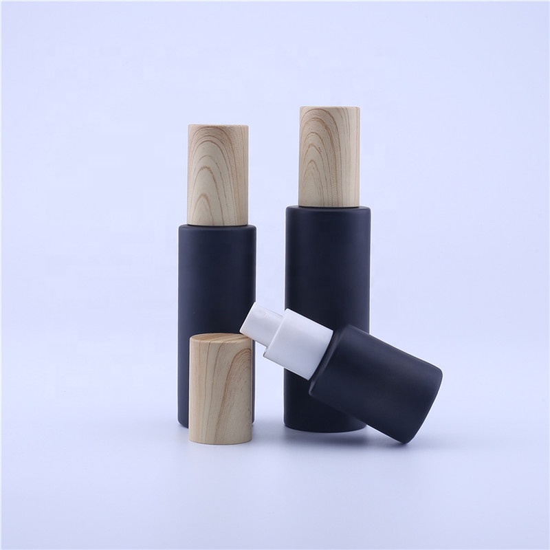 New Wood Grain Series Cosmetic Perfume Matte Black Glass Spray Cream Bottle Jar Straight Circle Shape 20-80ML