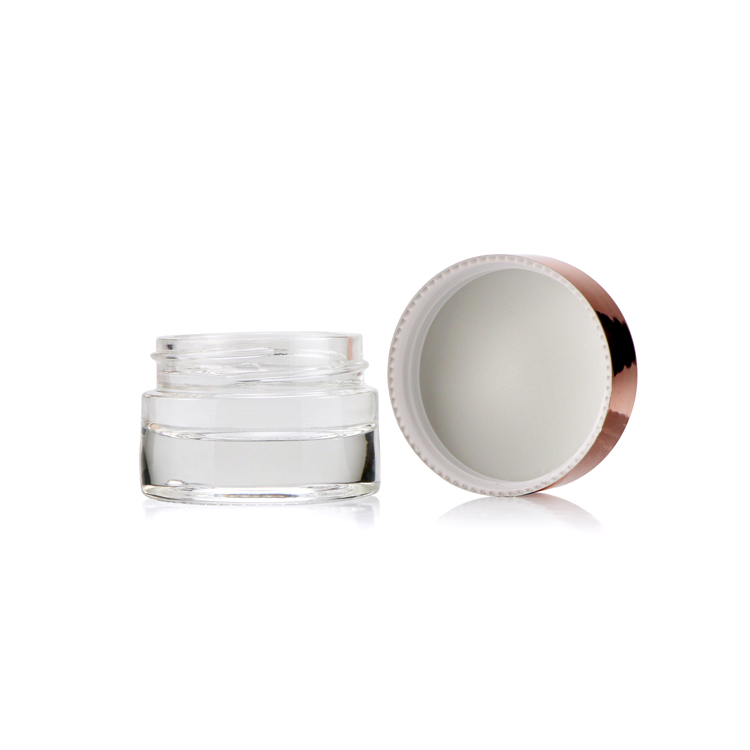 New arrival 15ml 1/2 fl oz round lotion gel mini containers small clear eye cream glass cosmetic jar with rose gold cap