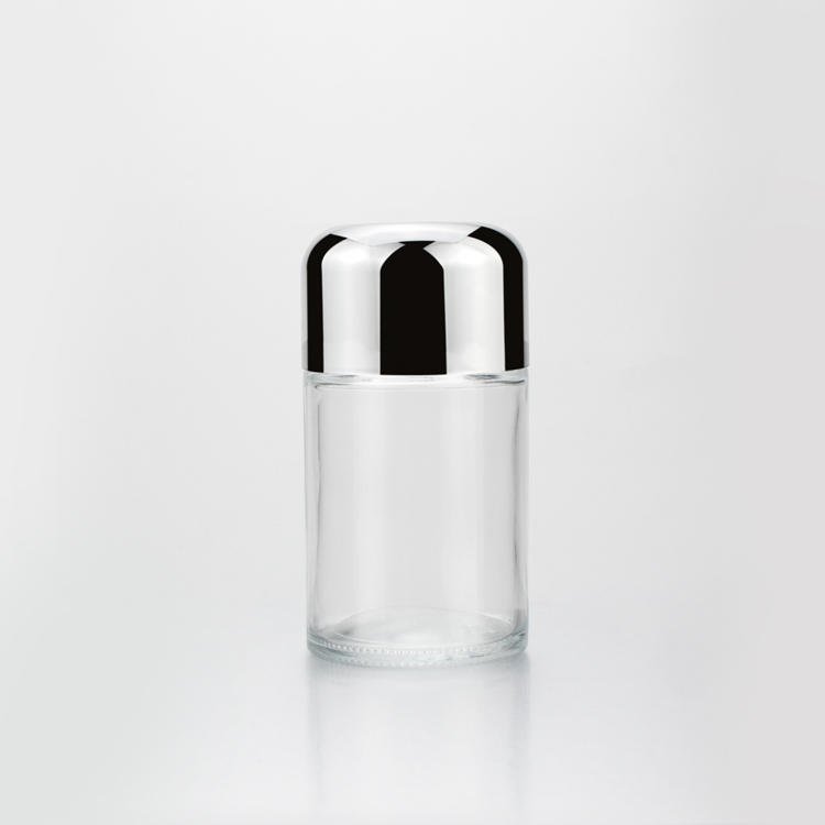 New arrival 50g 70g 110g transparent empty round bottom CR flush cap flower glass jar with wooden child proof cap