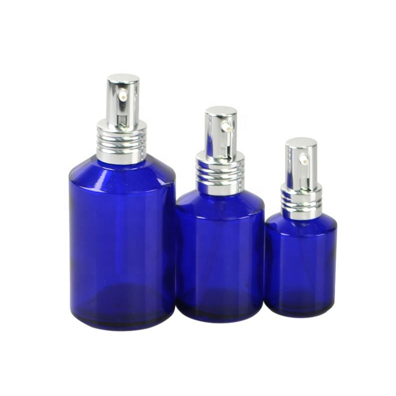 New arrival blue glass bottle with aluminium pump
