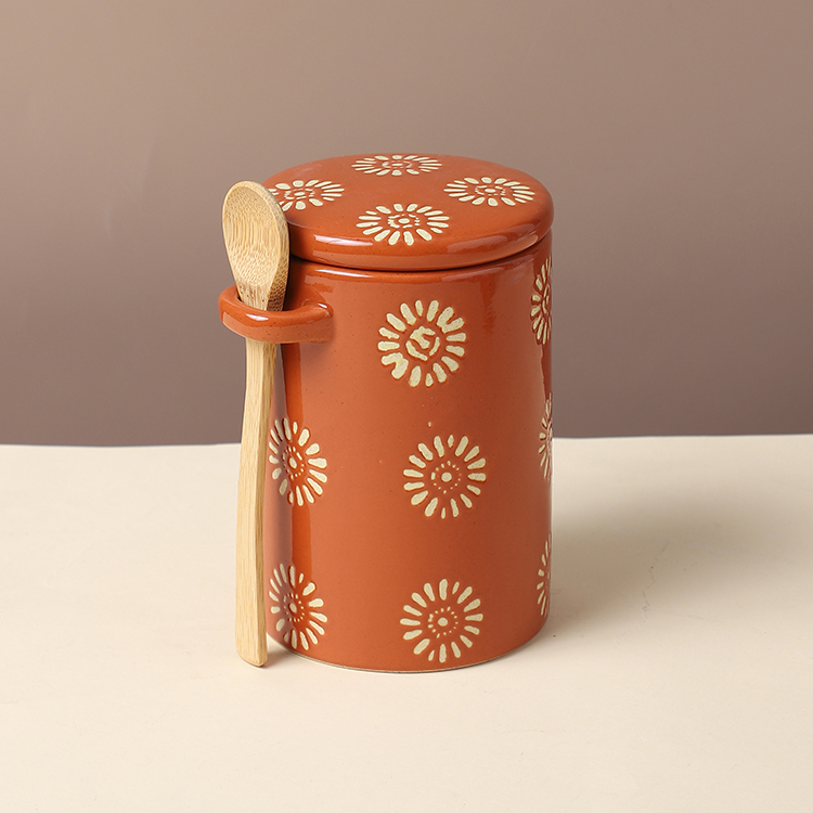 New arrivals food storage hand painted orange ceramic storage tea coffee sugar canisters with spoon