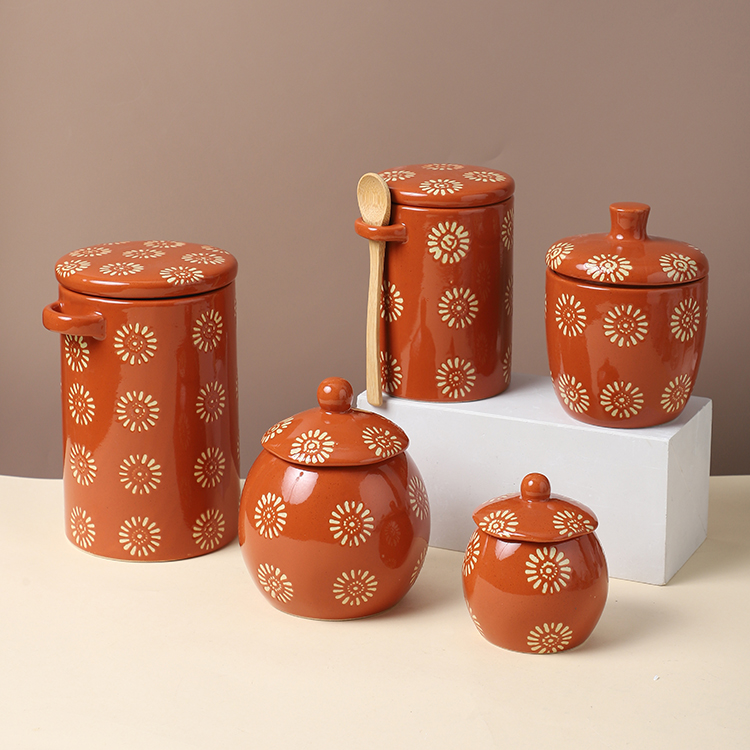 New arrivals food storage hand painted orange ceramic storage tea coffee sugar canisters with spoon