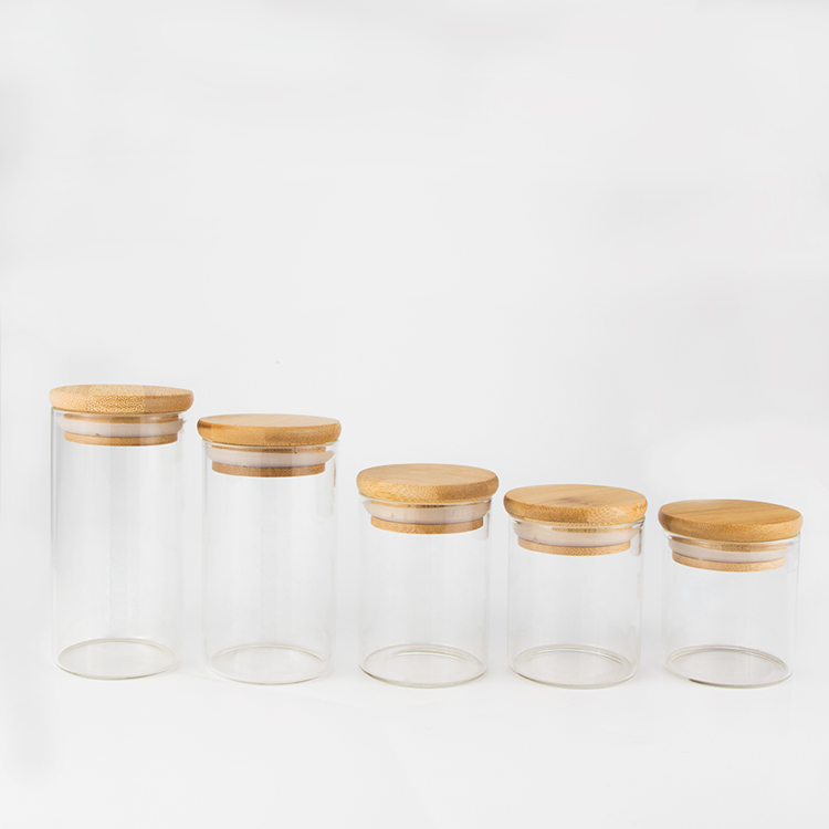 New clear storage container bamboo wooden lid 2 oz 3 oz 4 oz 6 oz 8 oz 16 oz straight sided glass jars with bamboo lids