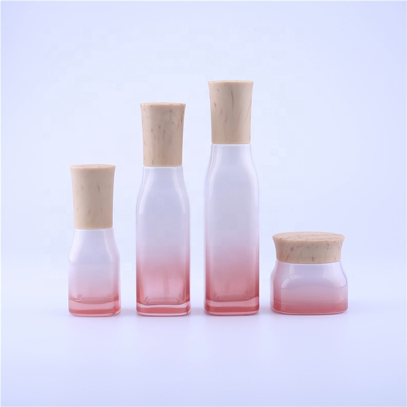 New cosmetics sub-bottling, cherry blossom red wood grain cover perfume & cream press glass packaging bottle with sprayer pump