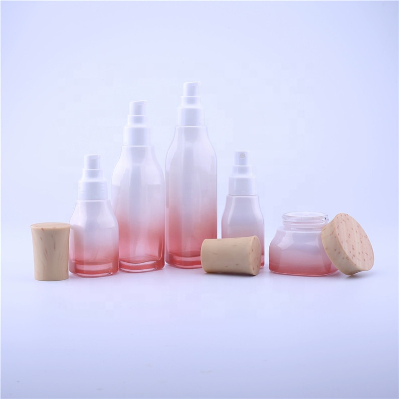 New cosmetics sub-bottling, cherry blossom red wood grain cover perfume & cream press glass packaging bottle with sprayer pump