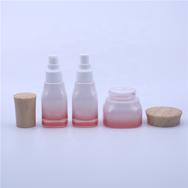 New cosmetics sub-bottling, cherry blossom red wood grain cover perfume & cream press glass packaging bottle with sprayer pump