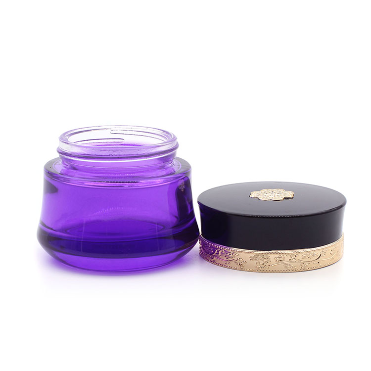 New custom Luxury Purple Cosmetic Cream Fancy Glass Jars and Lids Black Lid Wholesale Beauty Skin Care Cream Jar 50g