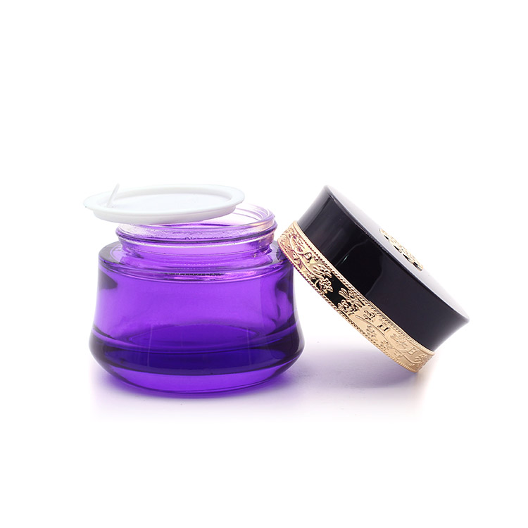 New custom Luxury Purple Cosmetic Cream Fancy Glass Jars and Lids Black Lid Wholesale Beauty Skin Care Cream Jar 50g