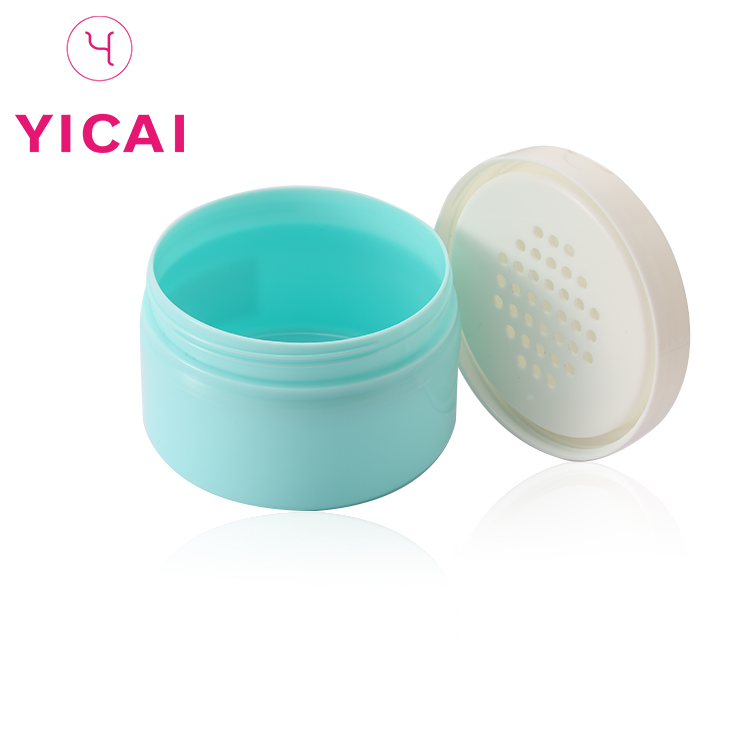 New custom design empty plastic cosmetic round clear loose powder jar case with sifter