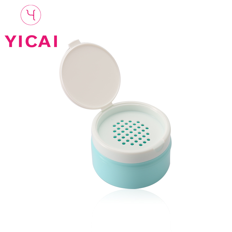 New custom design empty plastic cosmetic round clear loose powder jar case with sifter