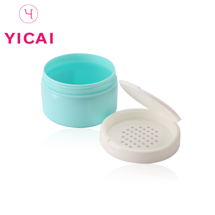 New custom design empty plastic cosmetic round clear loose powder jar case with sifter