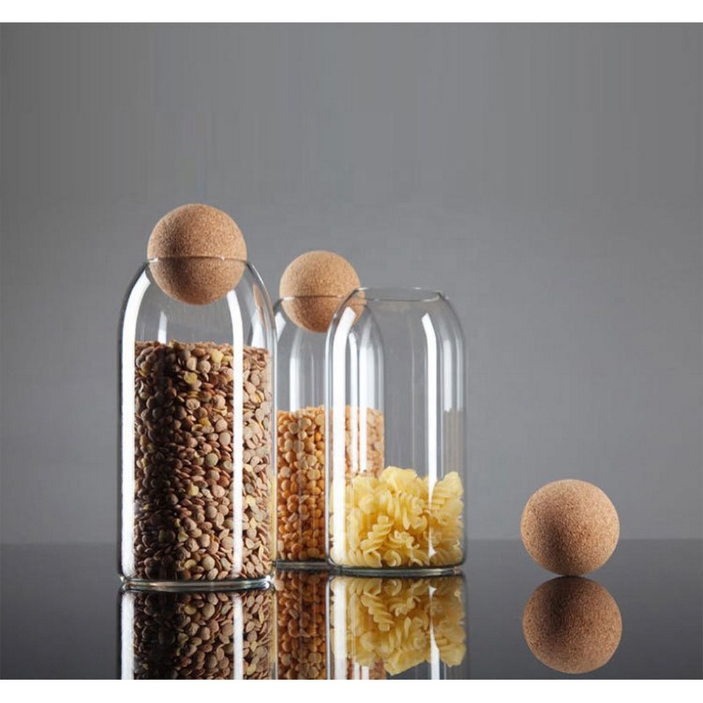 New customized design glass storage jar with ball shaped cork lid for kitchen use
