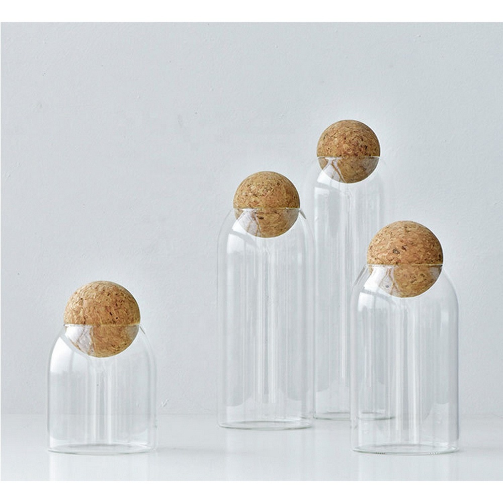 New customized design glass storage jar with ball shaped cork lid for kitchen use