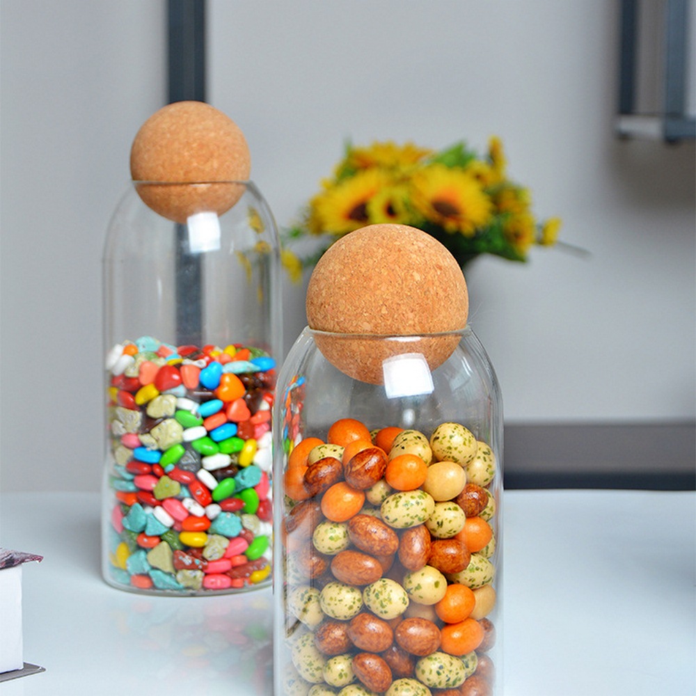 New customized design glass storage jar with ball shaped cork lid for kitchen use