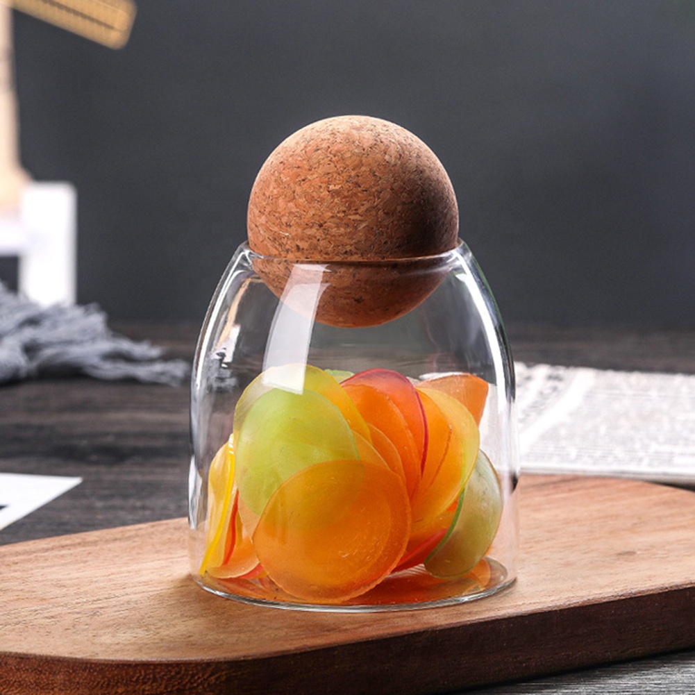New customized design glass storage jar with ball shaped cork lid for kitchen use