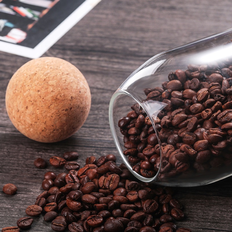 New customized design glass storage jar with ball shaped cork lid for kitchen use