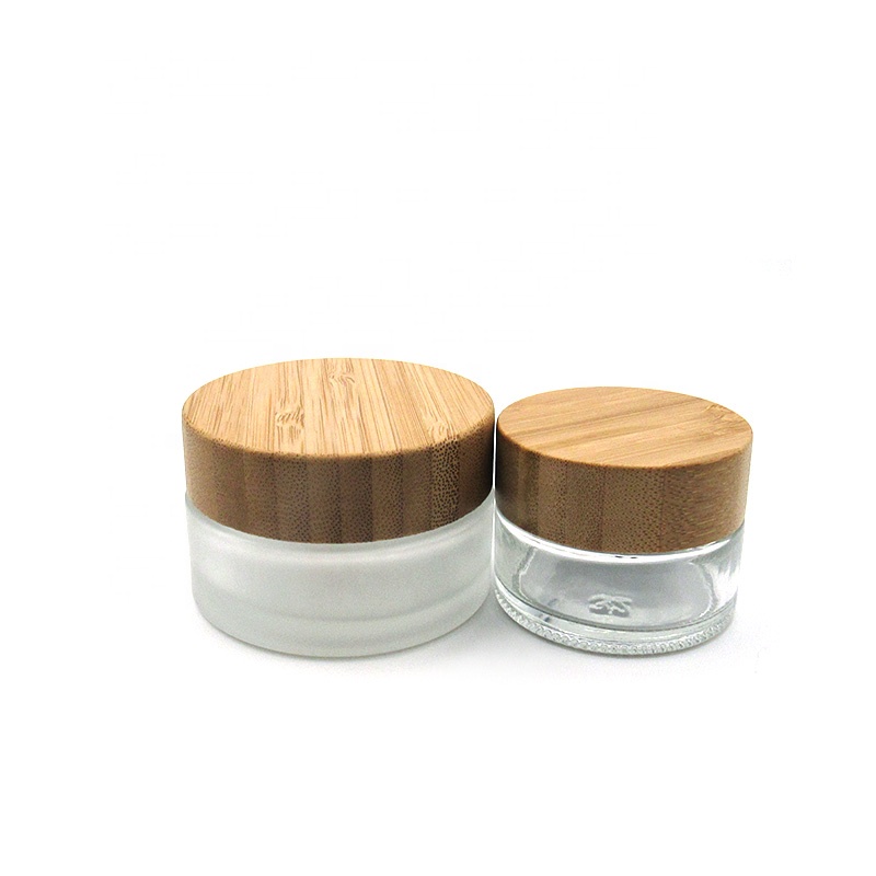 New design 15g 30g 50g frosted clear Airtight Wooden cosmetic packaging empty glass cream jar with bamboo lid