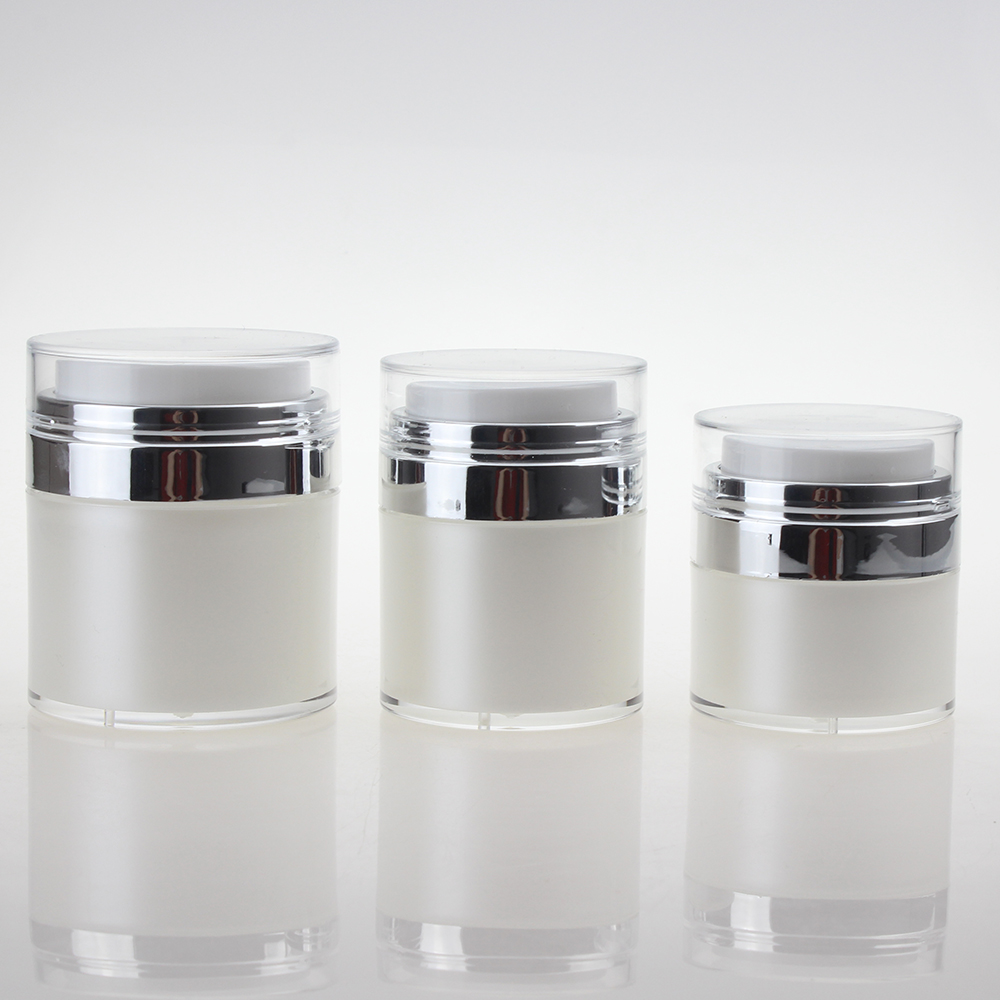 New design 15ml airless jar silver airless cosmetic jars 30ml 50ml white pump lotion containers