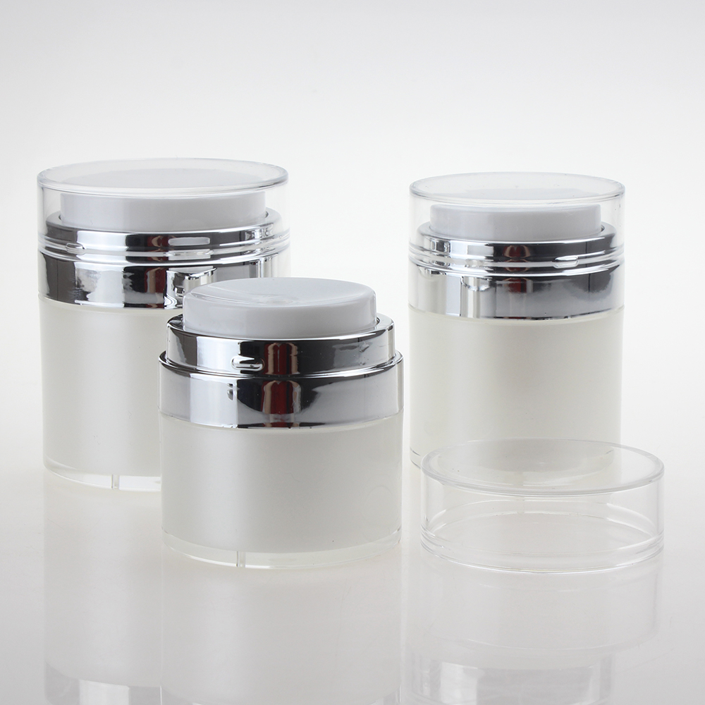 New design 15ml airless jar silver airless cosmetic jars 30ml 50ml white pump lotion containers
