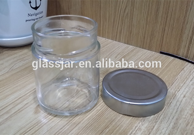 New design 250ml glass mason jar peanut butter jam honey jar with high deep metal lid