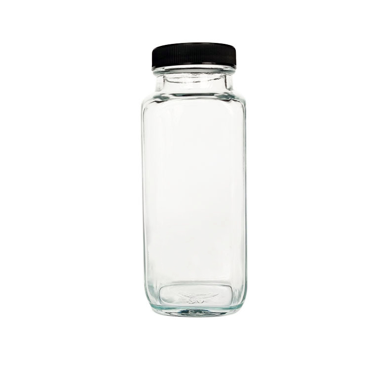 New design 250ml square clear glass juice beverage bottle with black plastic cap