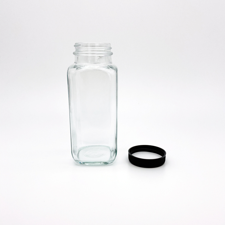 New design 250ml square clear glass juice beverage bottle with black plastic cap
