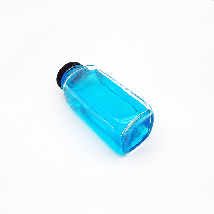 New design 250ml square clear glass juice beverage bottle with black plastic cap