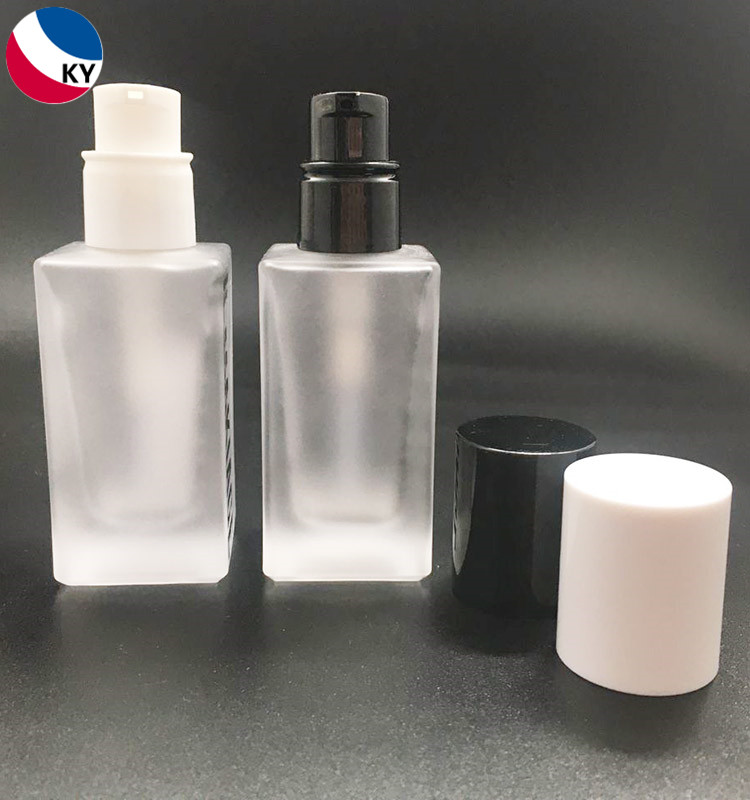 New design 30ml 1oz frosted white empty square shaped serum glass bottle