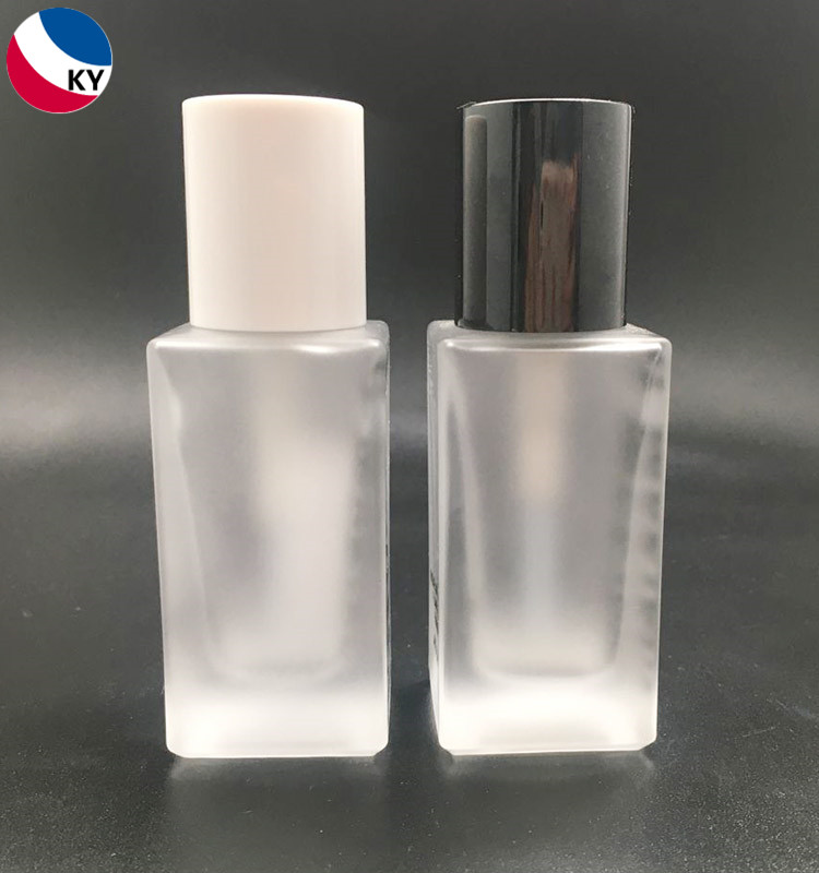 New design 30ml 1oz frosted white empty square shaped serum glass bottle