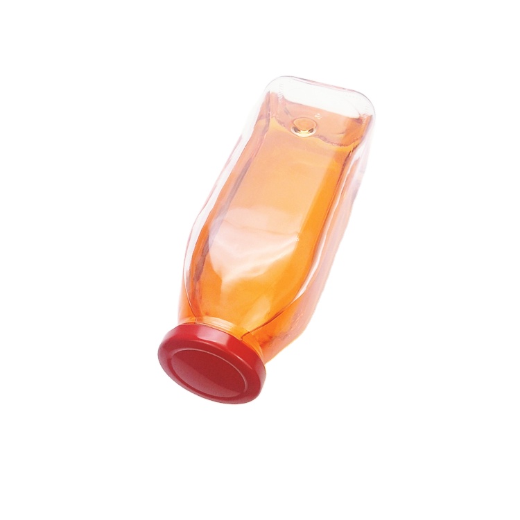 New design 500ml square clear glass water juice beverage bottle with red metal lid