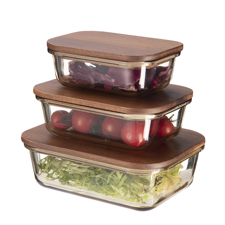 New design airtight high borosilicate glass lunch box set wood lid