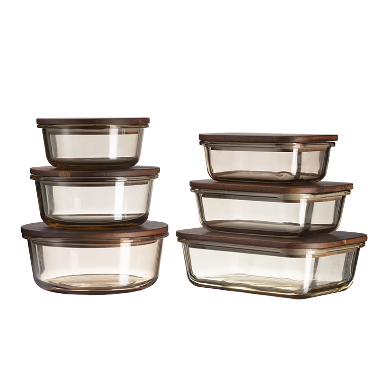 New design airtight high borosilicate glass lunch box set wood lid