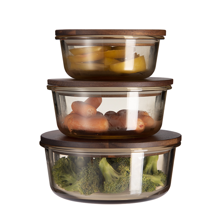 New design airtight high borosilicate glass lunch box set wood lid