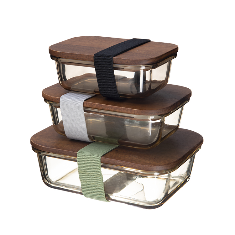 New design airtight high borosilicate glass lunch box set wood lid