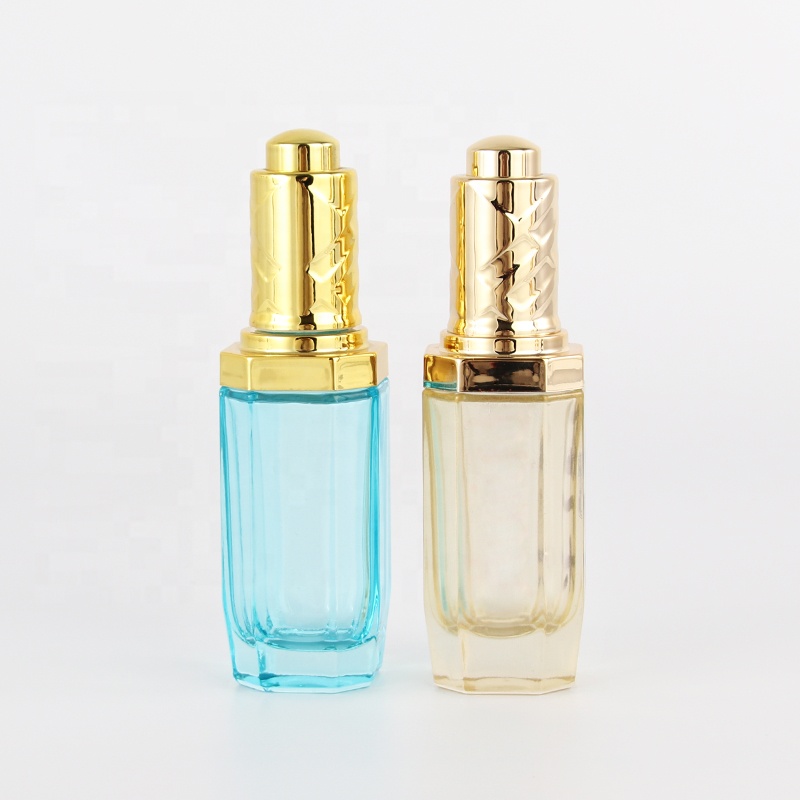 New design clear/blue/yellow color dropper glass bottles with golden cap