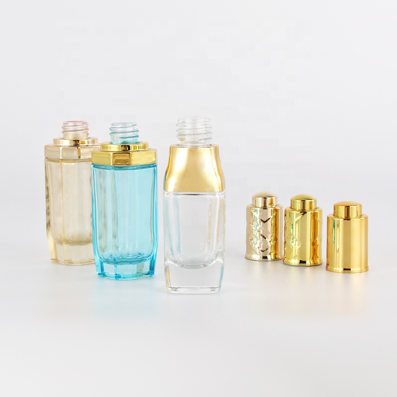 New design clear/blue/yellow color dropper glass bottles with golden cap