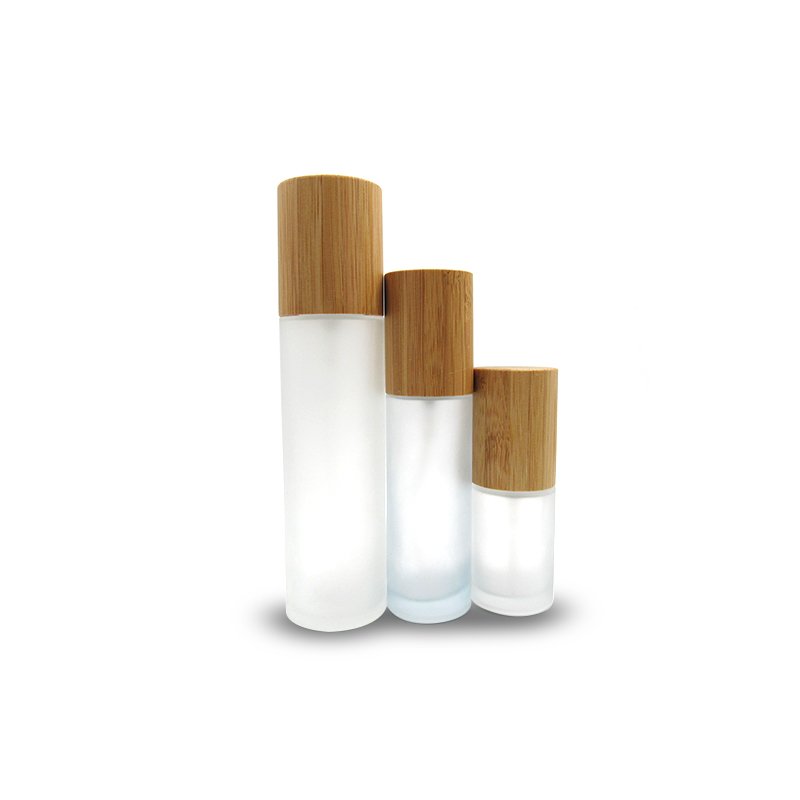 New design empty 80ml 80g frosted clear glass lotion pump spray bottle with bamboo wood cap cosmetics containers and packaging