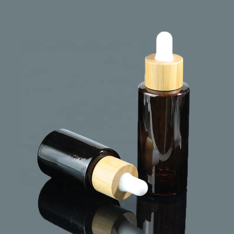 New design flat shoulder 30ml 1oz amber glass cosmetic bottles bamboo dropper (EPG30)