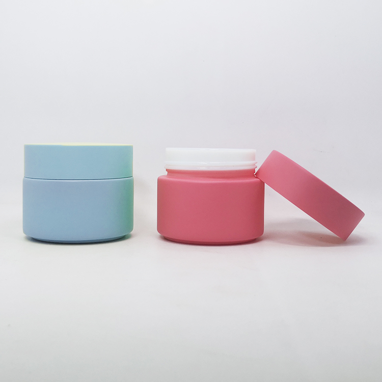 New design luxury 50g 100g face scrub baby pink blue porcelain jars with pink frosted plastic lids