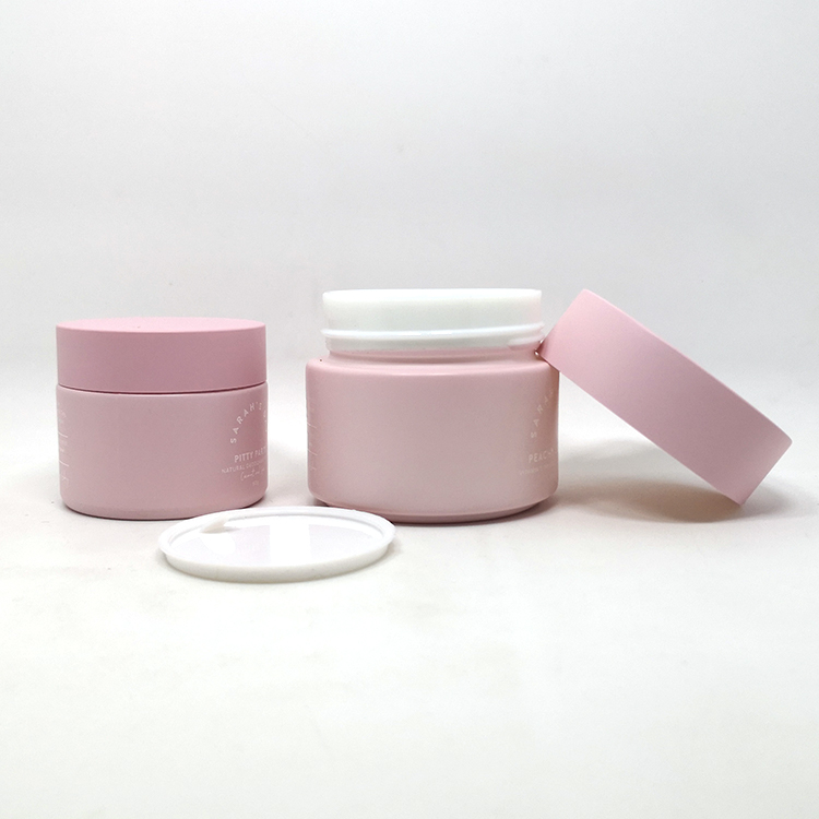 New design luxury 50g 100g face scrub baby pink blue porcelain jars with pink frosted plastic lids